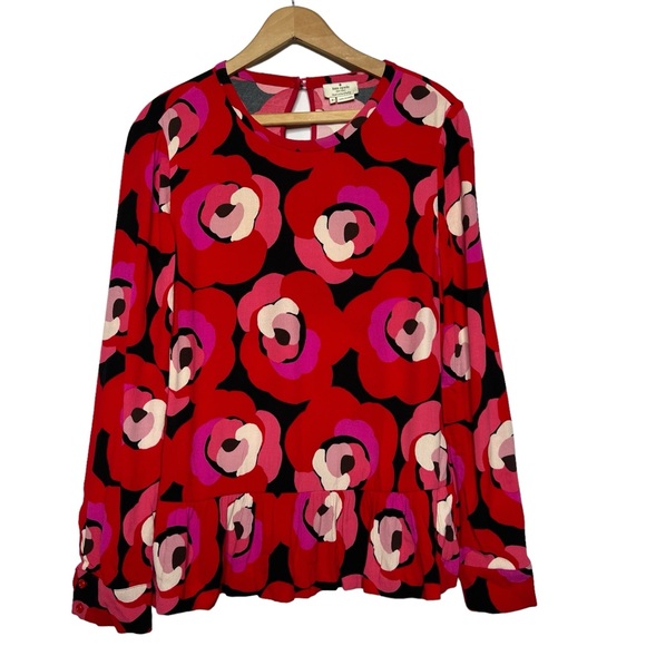 Kate Spade Womens Red Rose Deco Peplum Drop Waist Long Sleeve Blouse Top Size 8 - Picture 5 of 16